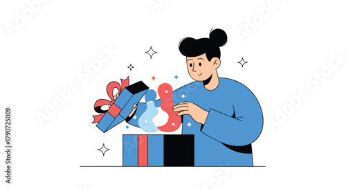 A person joyfully opening a gift box filled with colorful surprises and sparkling effects.