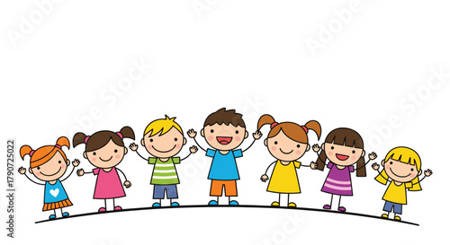 A group of happy diverse children with their hands raised in celebration.