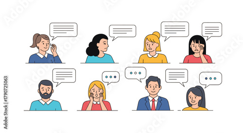 Diverse individuals engaged in communication through various expressions and speech bubbles.