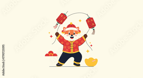 A cute tiger in traditional Chinese clothing juggles lanterns while celebrating the Lunar New Year.