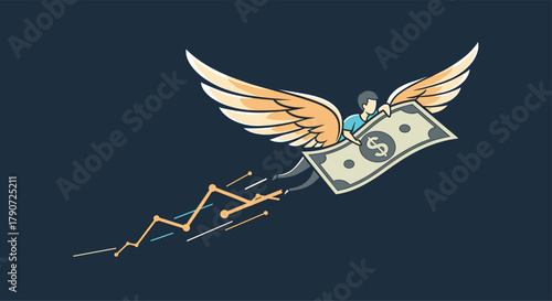 A person with wings flies with a dollar bill as a symbol of financial growth and success.