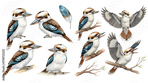 A collection of kookaburra bird illustrations in various poses and angles.