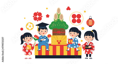 Japanese children celebrate new year traditions with festive decorations and symbolic foods.