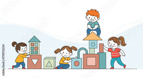 Children joyfully collaborating to build creative structures with colorful toy blocks.