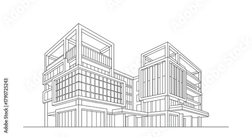 Detailed architectural line drawing of a modern multi-story building with intricate facade details.