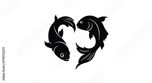Two black koi fish forming a heart shape on a white background