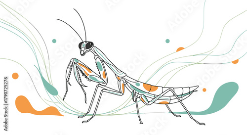 An artistic depiction of a praying mantis with dynamic lines and abstract shapes representing movement and energy.