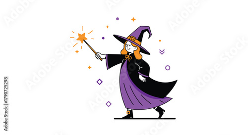 A whimsical witch in a purple robe conjures a sparkling star with her magic wand.