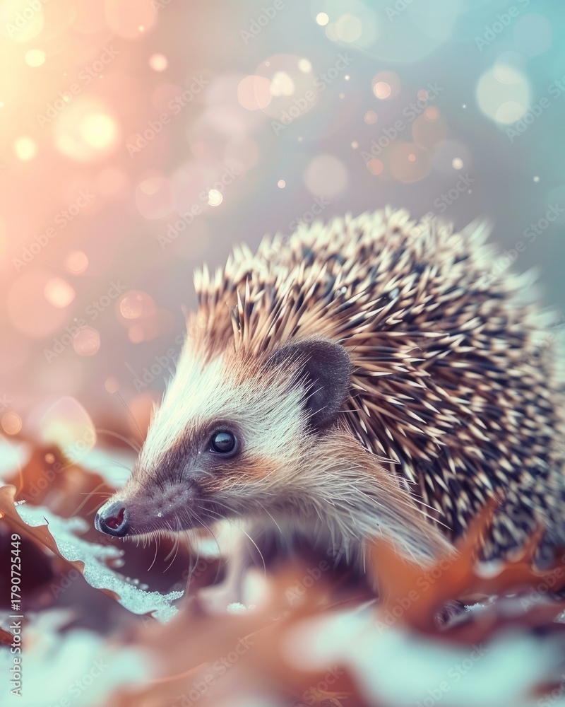 Fototapeta premium A friendly hedgehog is seen nestled within sparkling, colorful leaves, representing the beauty of nature and the enchanting charm of wildlife as it captures the essence of seasonal delight.