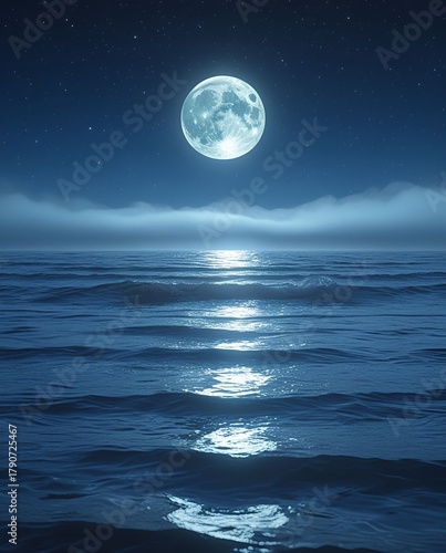 Romantic Ocean at Night with Full Moon and Silver Moonlight Reflection