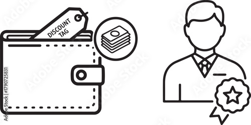 Outline Icons of Wallet with Discount Tag and Male Customer with Reward Badge