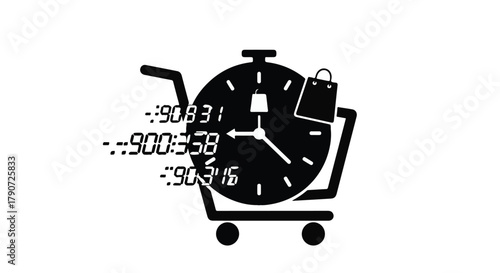 Shopping cart filled with time and a shopping bag, representing time management and efficient shopping