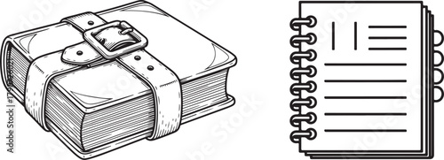 Antique book with strap, spiral notebook illustration in black outline