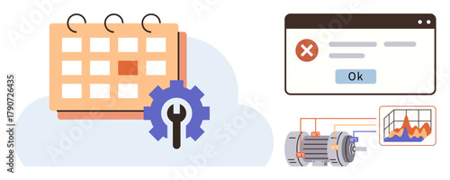 Calendar with gear signifies maintenance scheduling, error message dialog highlights monitoring, motor and graph symbolize data tracking. Ideal for automation, planning, troubleshooting, diagnostics