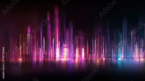 Horizontal abstract image imitating neon visualization sound wave light columns stretching upwards vibrant pink purple blue shades dark background