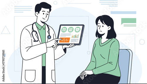Simple vector illustration of doctor checking patient using tablet, digital healthcare theme.