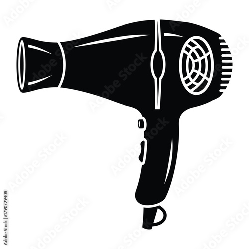 Black silhouette of a modern electric hair dryer with cord hairdryer object