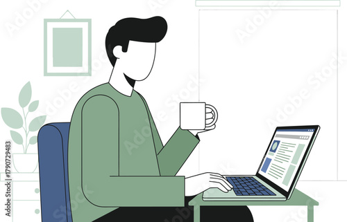 Simple vector illustration of freelancer sitting with laptop and coffee cup, home office lifestyle.