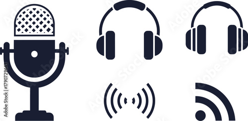 Podcast Radio Streaming Audio Wireless Icons Set with vector illustration