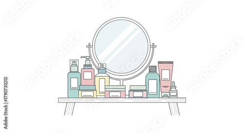 A variety of beauty products are displayed on a shelf with a mirror in the background.