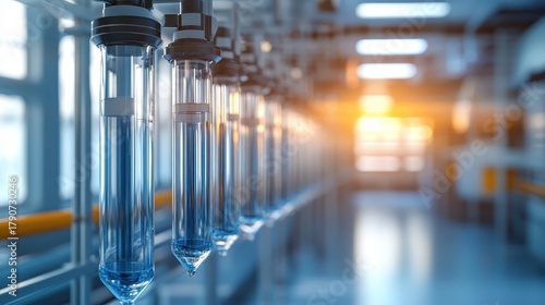 Close up of chromatography columns with liquid in laboratory