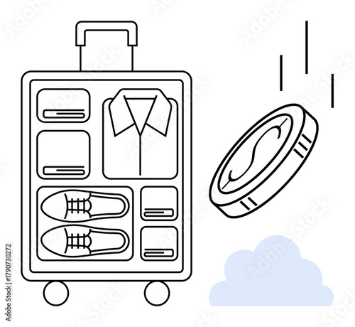 Open suitcase with neatly arranged clothes and shoes alongside falling coin over cloud. Ideal for organization, travel, savings, budgeting, planning, minimalism, financial management. Simple flat