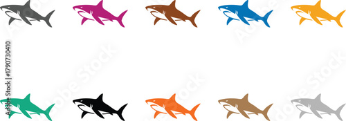 Shark silhouettes in multiple colors fish design, Colorful shark silhouettes marine life collection