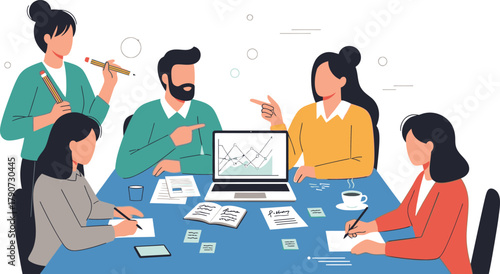 Simple vector illustration of group of people working together on project, teamwork and collaboration.