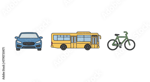 A blue car, a yellow bus, and a green bicycle are displayed side-by-side.
