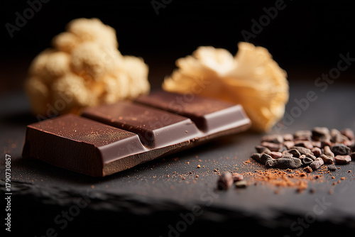 A moody, cinematic flat lay of artisanal dark chocolate with functional mushroom ingredients. Dried Reishi and Lion's Mane mushrooms sit on a dark slate surface.
