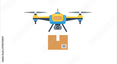 A drone delivers a package with a camera under its body.