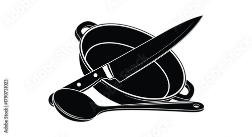 A chef's knife, spoon, and pot are arranged for food preparation.