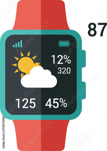 A smartwatch displays weather information, battery level, and numerical data.