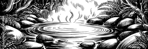 Scenic natural hot spring in a forest, surrounded by rocks and lush vegetation, with steam rising gently from the warm central pool.