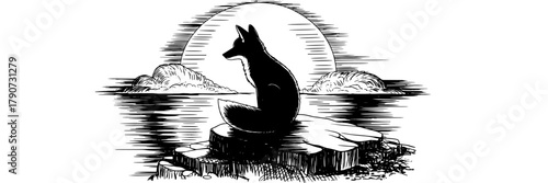 a fox sitting on a rocky cliff, overlooking water with a large moon or sun behind it.