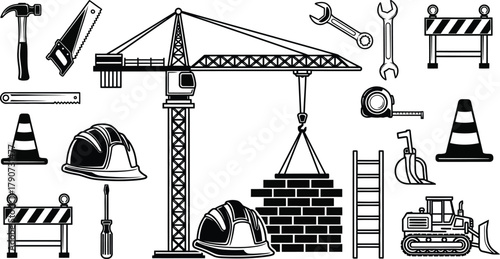A collection of construction tools and equipment used for building.