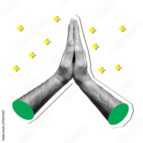 Praying hands gesture in a retro halftone pop art style. A vector sticker illustration with yellow stars, symbolizing hope, faith, or gratitude.