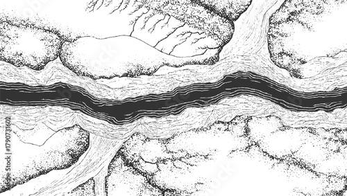 Black river flowing through textured landscape illustration white water