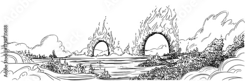 two large flaming portals towering over a coastal landscape with ships, cliffs, clouds, and distant mountains.