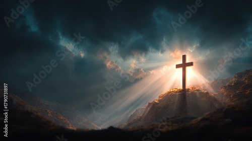 Symbolic cross representing Jesus resurrection stands over Golgotha under a dramatic sky filled with clouds and rays of light shining down, signifying hope and renewal