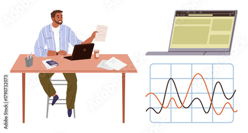 Man sitting at desk holding paper, laptop with web browser open, and line graph with fluctuating trends. Ideal for business, analytics, remote work, productivity, decision-making, finance data