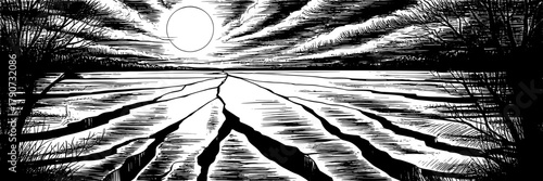 Black and white drawing of the sun setting above a wide, cracked ground with dramatic clouds and barren trees on the sides.