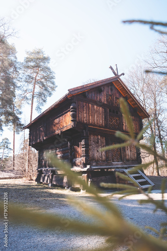 Valokuva Traditional wooden storehouse from rural Norway stands under pine trees near Oslo, showing authentic log craftsmanship and warm Scandinavian charm