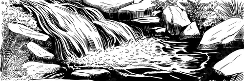 a small waterfall cascading over rocks into a calm stream surrounded by natural vegetation.