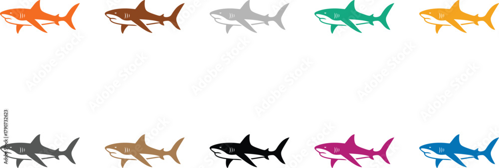 Obraz premium Colorful shark silhouettes in rows ocean fish, Multicolor shark icons collection for marine design