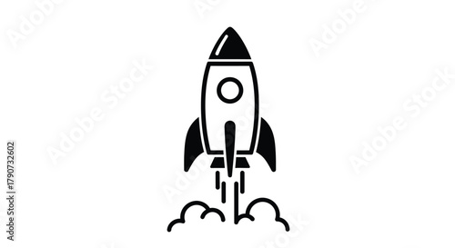 A stylized rocket ship blasts off with smoke and flames from its engines.