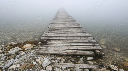 Dilapidated wooden pier stretching into dense morning fog