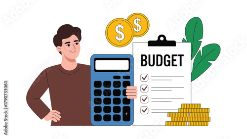 Budget planning and financial management concept with calculator, checklist, coins, and dollar symbols for savings and expense tracking