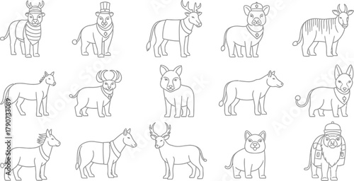 A collection of line drawings featuring animals dressed in various hats and accessories.