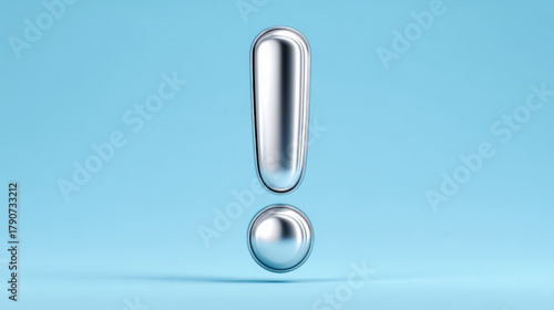 Metallic 3D exclamation mark, silver, symbol for attention, ideas, or alerts against a blue background 